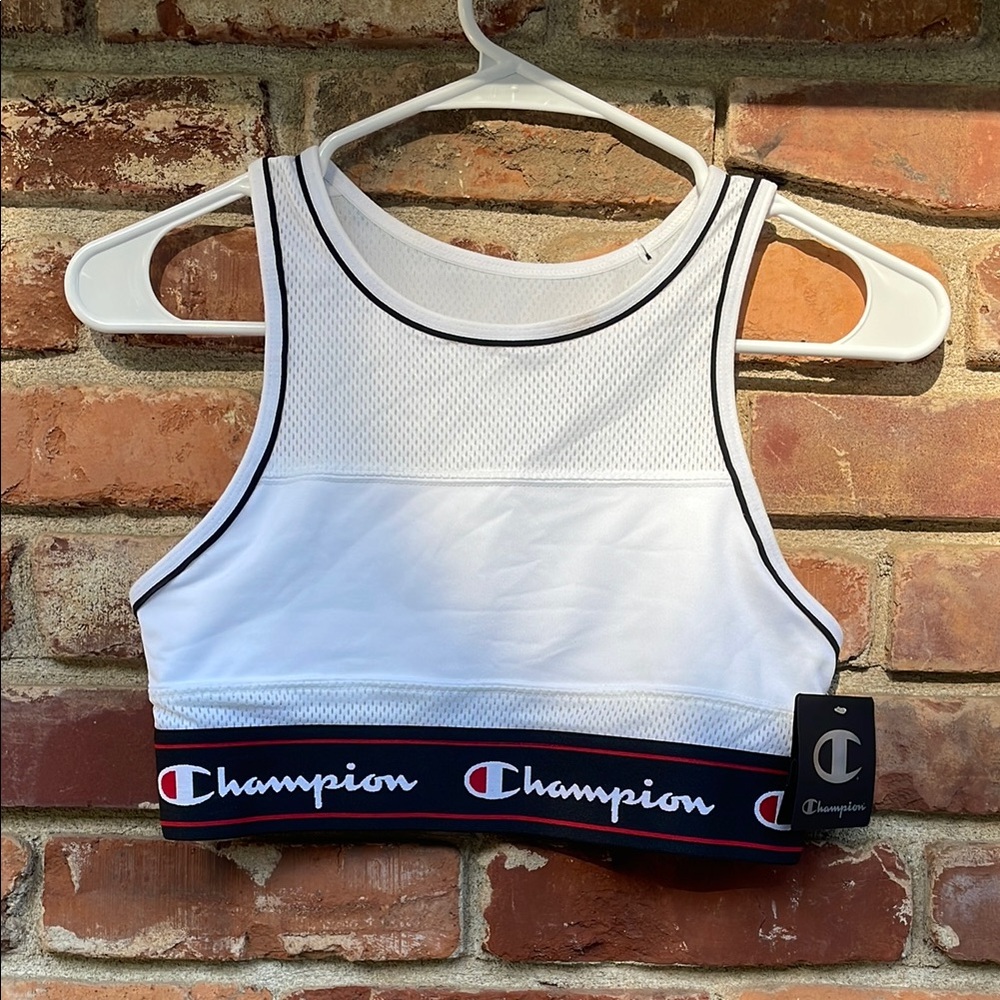 Champion White Crop Top/spirts bra with Black logo trim.
